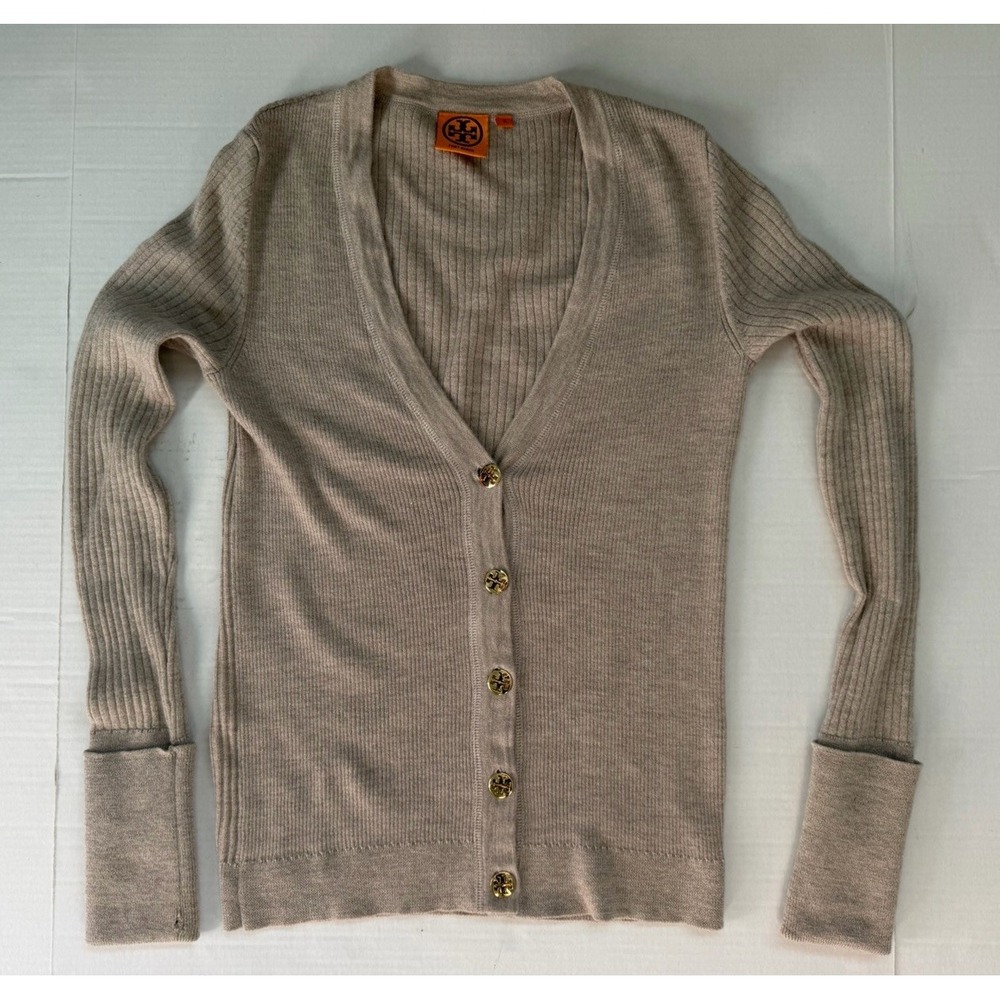 Tori Burch Merino Wool Women's Button Up Cardigan Beige Medium Sweater